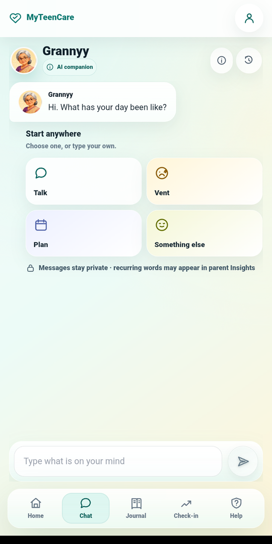 MyTeenCare.AI companion chat — messages stay private