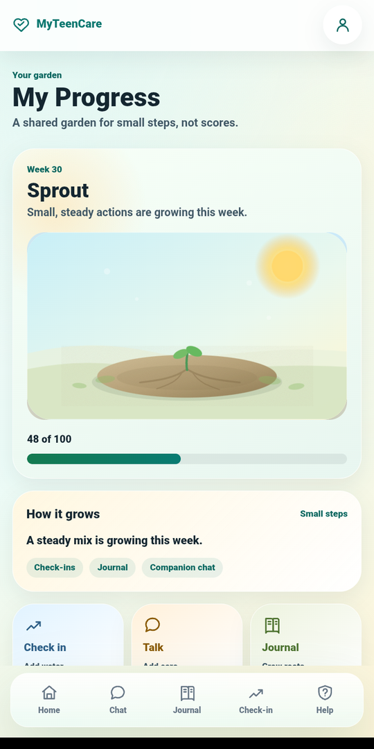 MyTeenCare.AI progress shown as a growing garden