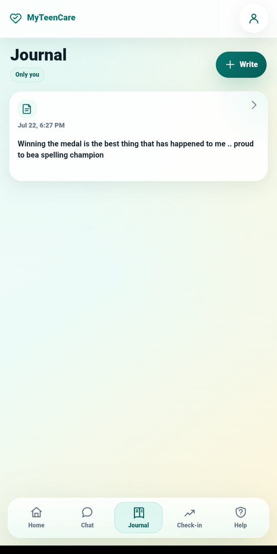 MyTeenCare.AI journal, visible only to the teen