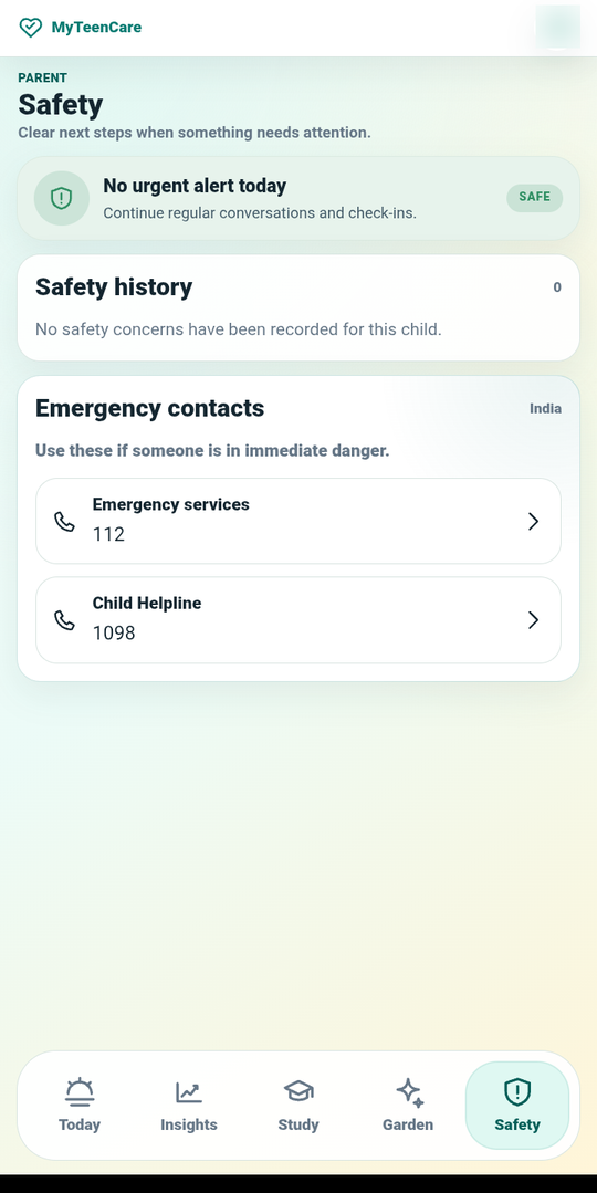 Parent view — clear next steps and urgent help