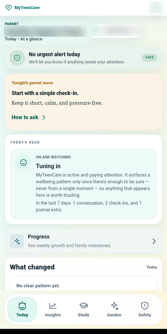Parent view — today at a glance